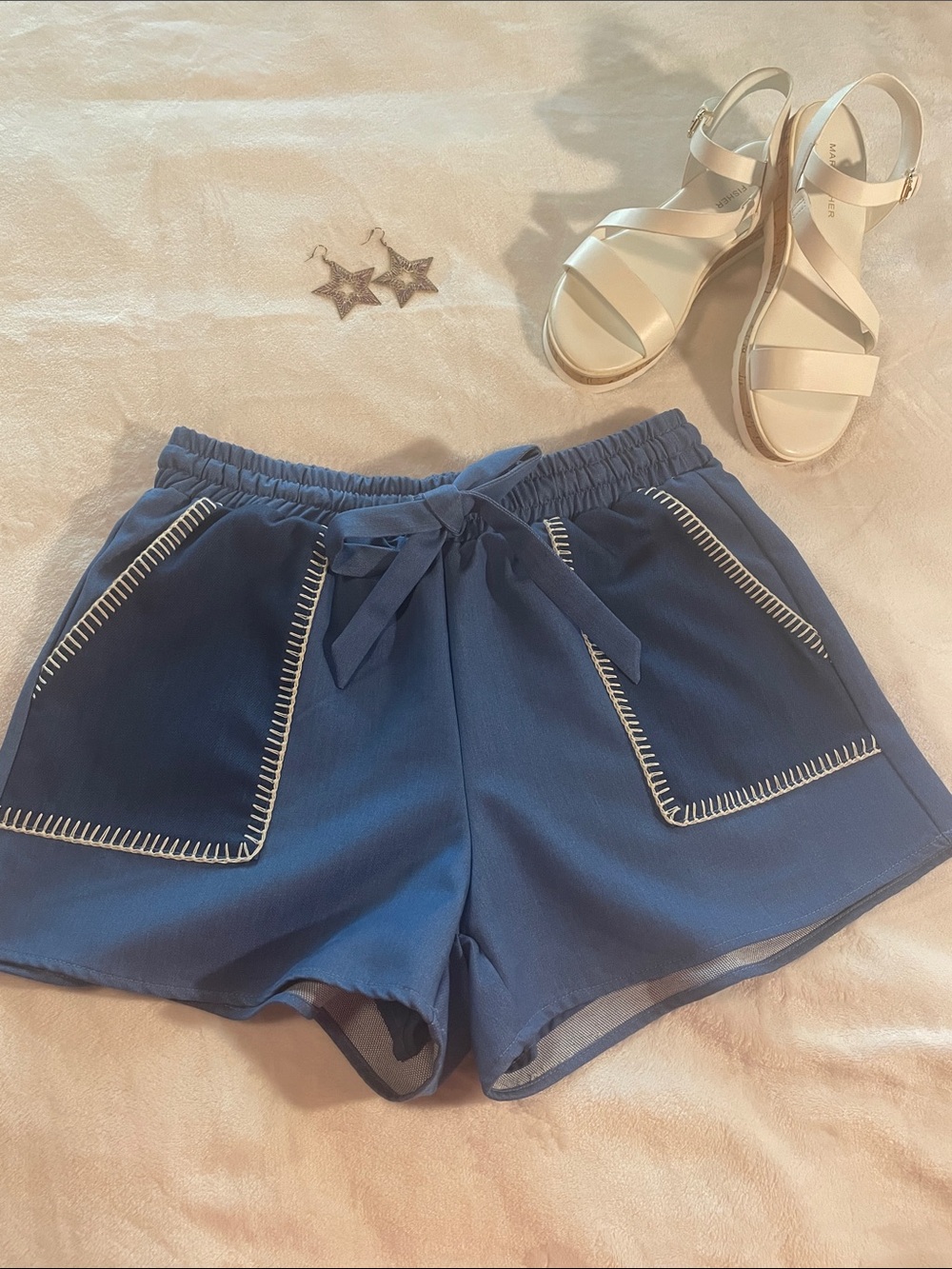CIEBON Blue Whipstitch Pocket Tie Front Shorts, Sz S, Like New ✨